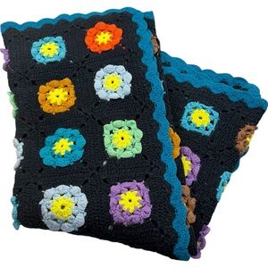 Handmade Crochet Granny Square Afghan Throw 70x52 Retro Black Mult Blanket Decor